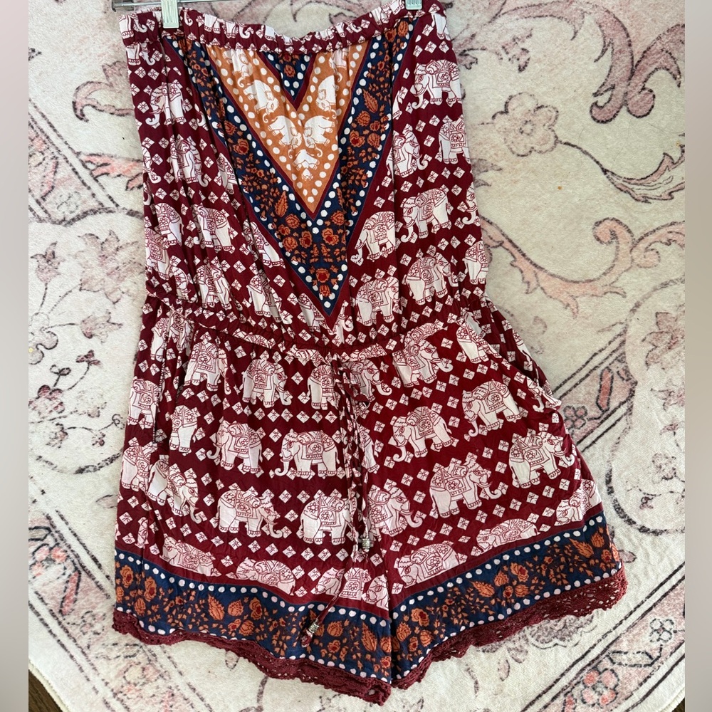 Angie Strapless Elephant Print Jumpsuit in Burgundy with Navy & Rust Accent